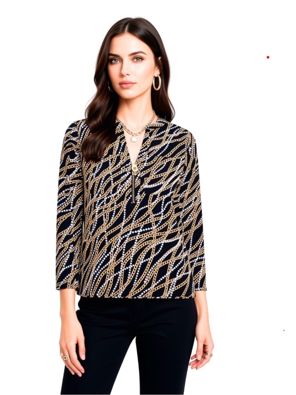 Michael Kors Black & Gold Chain Print V-Neck Blouse with Gold Tone Zipper
